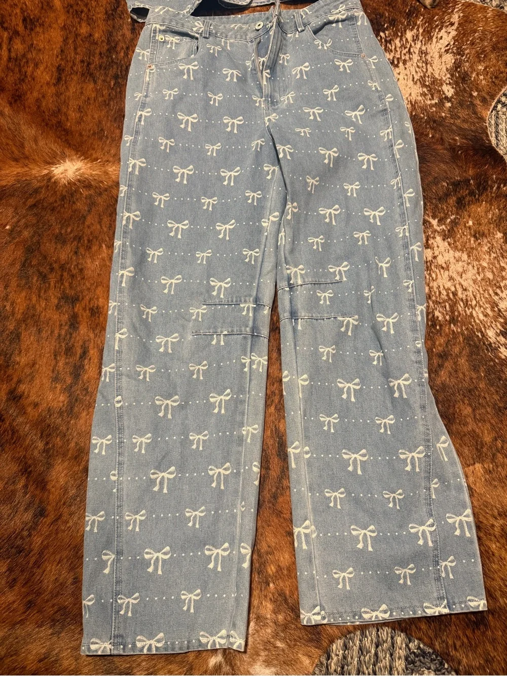 Entro Bow Print Denim Vest and Barrel Pants Set Womens Size L Coquette Monochrom